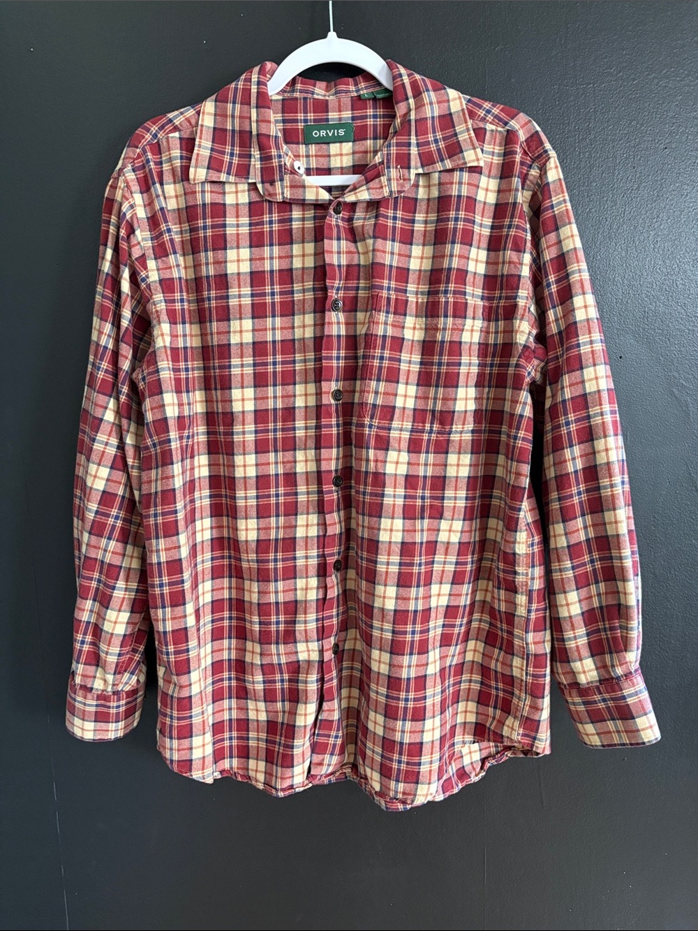 Orvis Red and Cream Plaid Button-Down Shirt - Size L